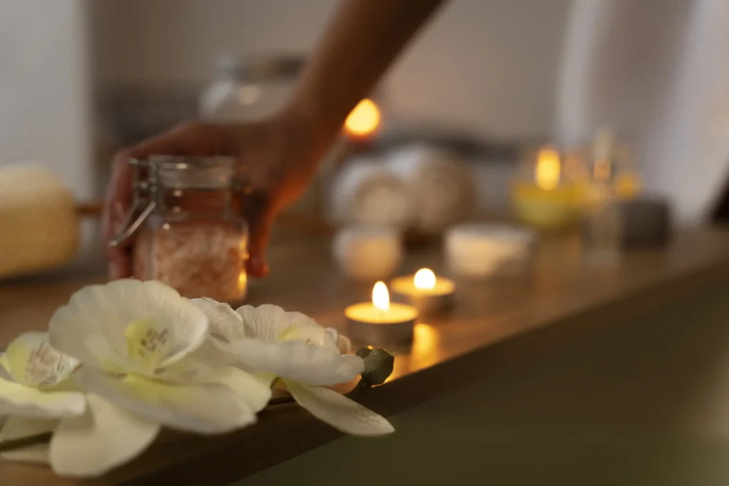 woman taking bath salt put some water before taking bath Horizontal